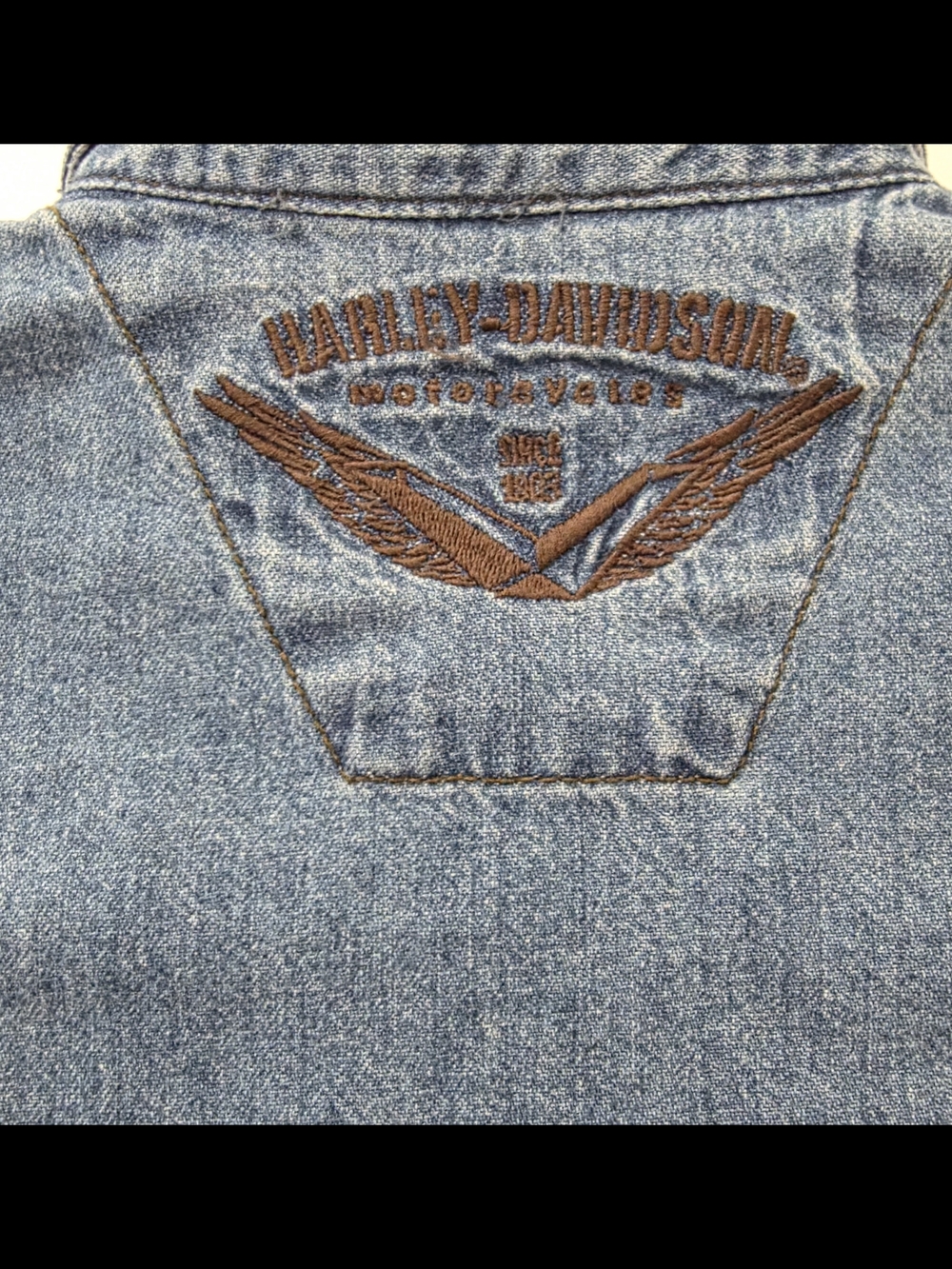 📣 Vintage Y2K Harley-Davidson Denim Shirt 👕 Button Down Embroided Logo XS 😍 - Picture 10 of 11
